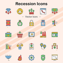 Icons representing economic recession and financial downturns.