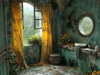 Vintage Bathroom with Yellow Curtains and Rain