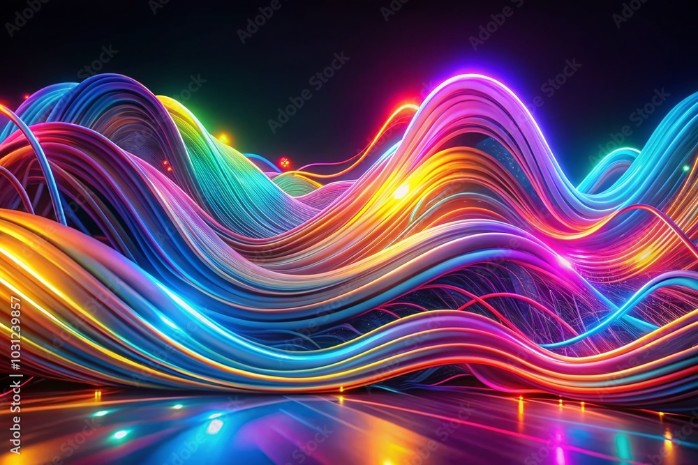 Poster abstract neon background with colorful glowing lines and wavy patterns in low light photography