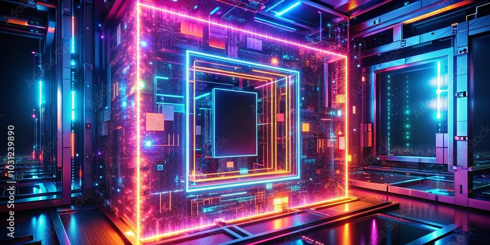 Poster abstract neon computer technology frame with ai generation in acrylic design for futuristic digital 