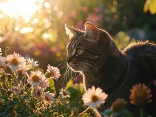 Feline Serenity: A Cat's Garden Stroll in Sunlight
