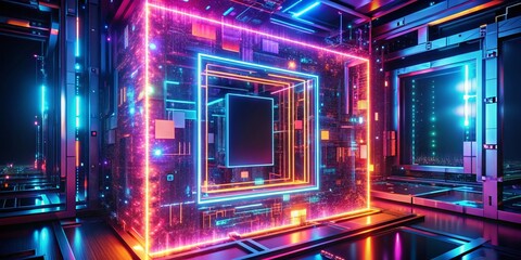 Obraz premium Abstract Neon Computer Technology Frame with AI Generation in Acrylic Design for Futuristic Digital Art and Innovation
