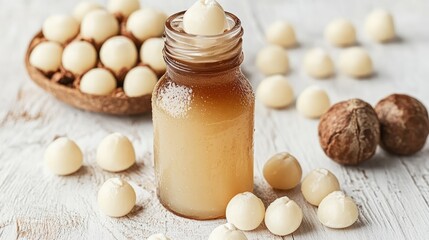 Natural Ingredients in a Bottle with White Spheres