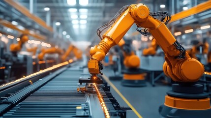 Industrial Robot Arm in Automated Manufacturing Line