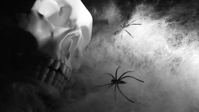A haunting arrangement showcases a skull skeleton alongside a spider entangled in webs, all enveloped in a mysterious mist, enhancing the Halloween vibe. Theme of horror, mysticism and oblivion