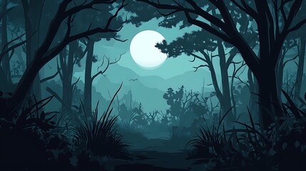 A Moonlit Path Through a Silhouetted Forest