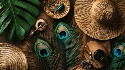 Flat lay of tropical summer accessories with peacock feathers and straw hats on a wooden background.