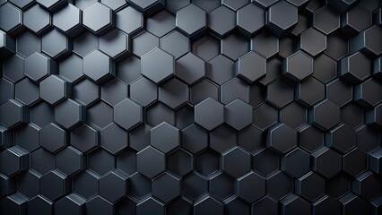 Abstract black geometric background with hexagonal pattern displacement, rendering, futuristic, polygonal, dark, tech