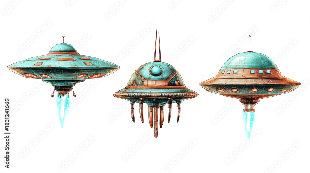 Poster collection of alien spaceships isolated on a white background generative ai