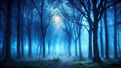Fototapeta premium Spooky forest with dark blue tones, eerie trees, and misty atmosphere, spooky, forest, dark, blue, landscape, trees, eerie