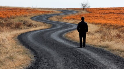 Obraz premium Man Walking on a Winding Country Road with Autumn Grass