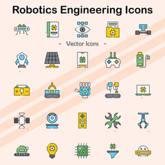 Icons representing robotics and engineering technology.