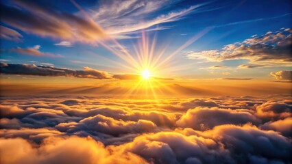 Fototapeta premium of sun rays shining above the clouds during sunset, sunset, sun rays, above clouds, sky, beautiful, serene, scenic