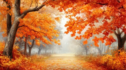 Autumn Forest Path with Golden Leaves and Fog