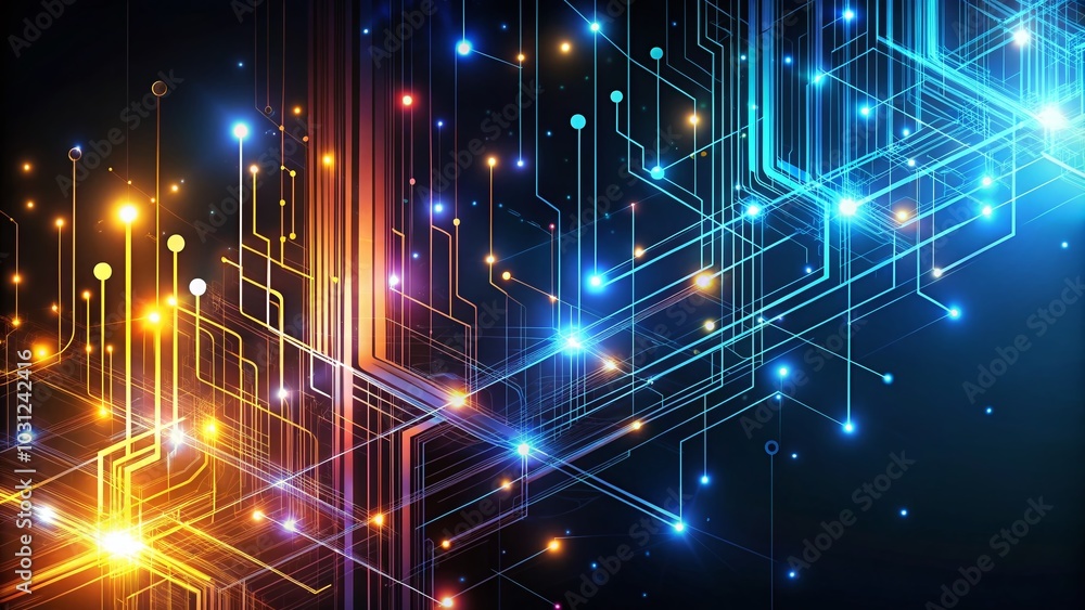 Poster abstract technology circuit background with long exposure illumination for digital templates