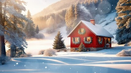 A cozy red cabin nestled in a snowy winter landscape, surrounded by tall evergreen trees, with smoke rising from its chimney.
