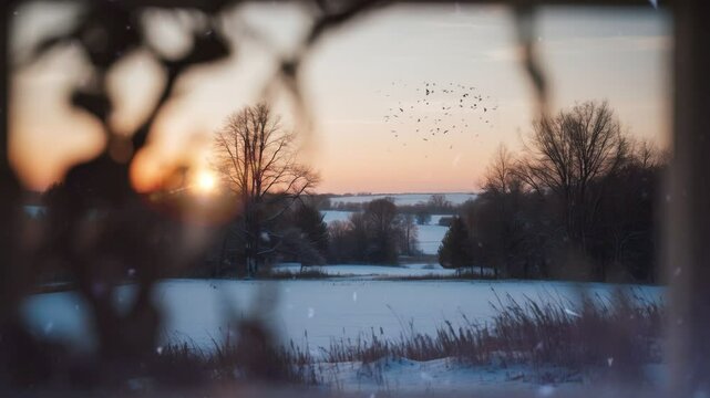 A winter sunset viewed through a window with a snow-covered field and trees.