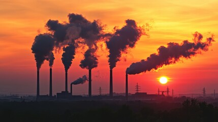 Industrial Sunset with Smoke Stacks and Vibrant Sky