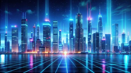 Obraz premium Futuristic city skyline with holographic lights and digital displays, futuristic, cityscape, technology
