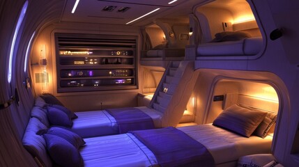 Futuristic Spacecraft Cabin Interior with Bunk Beds and Soft Lighting
