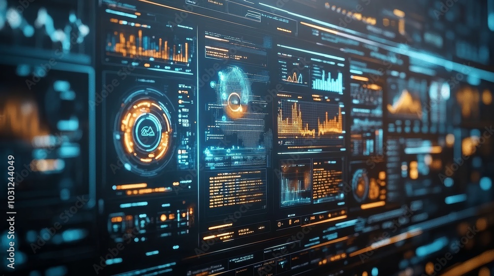 Poster futuristic digital interface with data graphs and charts