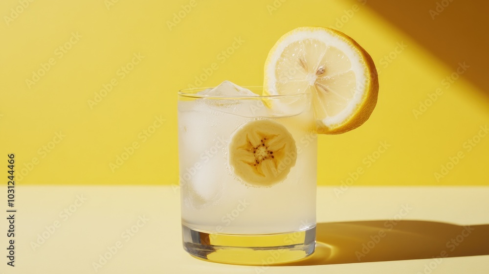 Poster refreshing lemonade with banana slice on yellow background