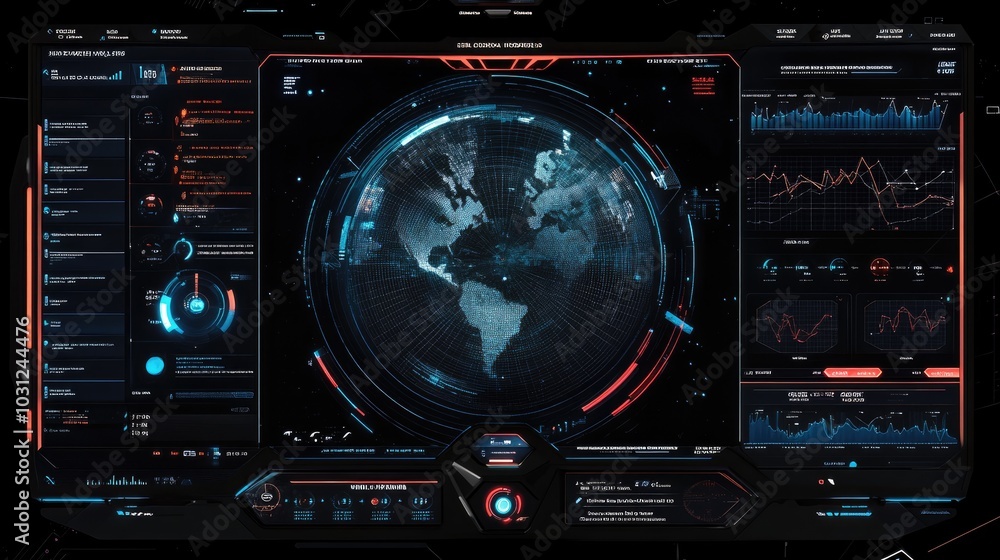 Poster futuristic data dashboard with world map display