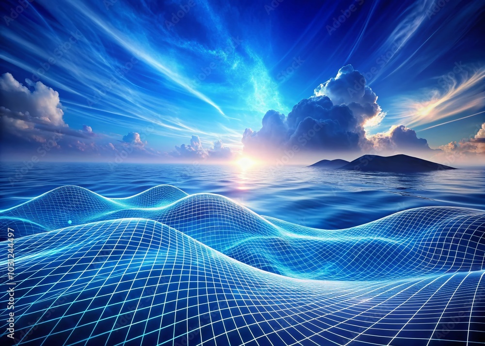 Poster abstract white grid on blue background with wave patterns for modern design and technology themes