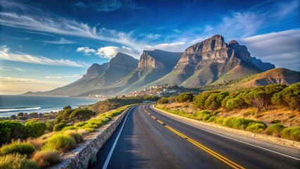 Naklejka premium Scenic landscape with a road leading to Cape Town under a clear sky, South Africa, landscape, road, Cape Town, horizon