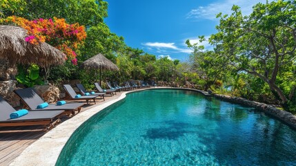 Obraz premium Tropical Resort Pool with Loungers and Palm Trees