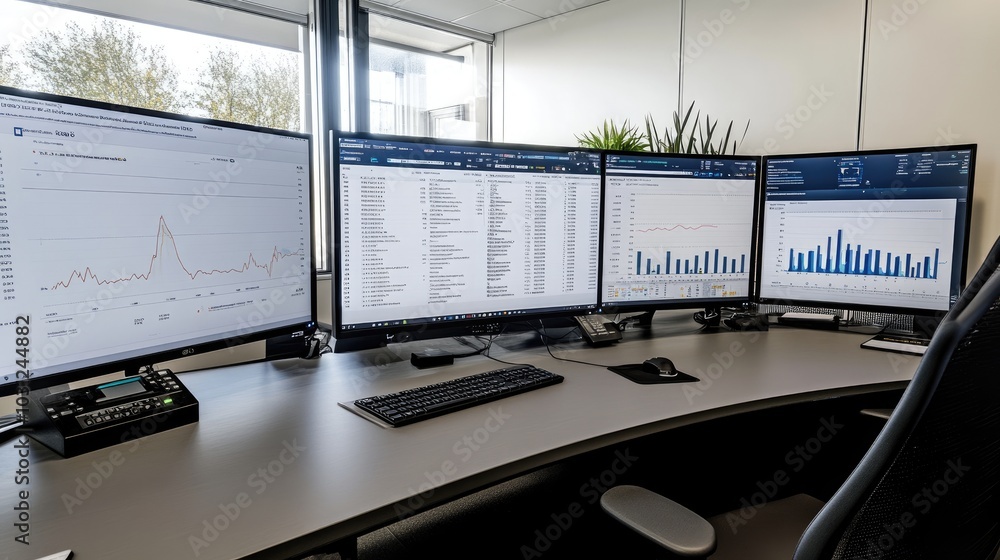 Poster data analysis workspace with multiple monitors