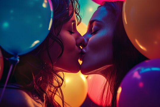 A playful close-up of a couple kissing, locked in a fun lip-lock while surrounded by floating balloons. The vibrant colors of the balloons create a festive and lively backdrop