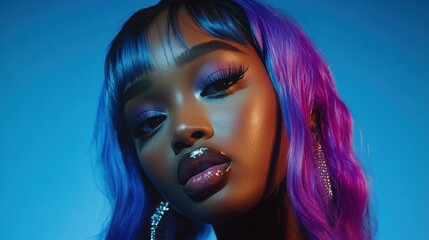 Close up portrait of a beautiful young black woman with purple and blue hair against a blue background. She is wearing makeup and earrings.
