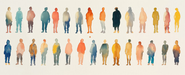 a grid of tiny watercolor people, each person is different color and style in muted tones, full body shot, simple illustration, minimalistic