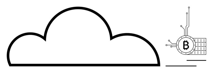 Black and white line drawing of a cloud with a Bitcoin symbol connected by circuit lines. Ideal for cloud computing, cryptocurrency, blockchain, financial technology, digital innovation. Simple line