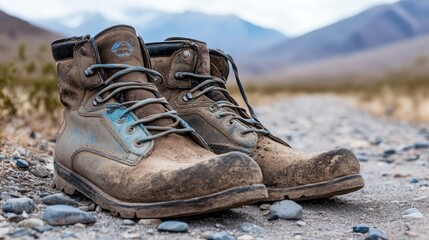 Naklejka premium Worn Hiking Boots on Rocky Trail in Nature