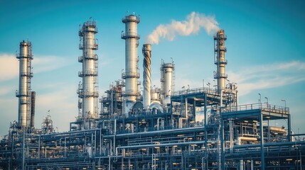 Industrial Plant with Smoke Stacks Against Blue Sky