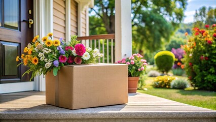 A cardboard box on a porch with flowers, showcasing home delivery convenience in a suburban setting, home delivery