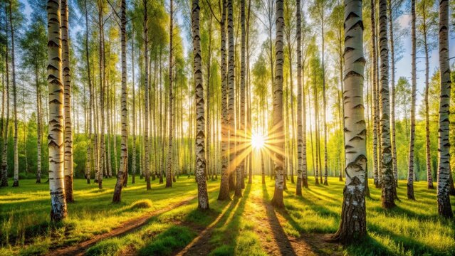 Panorama of sunlight filtering through a beautiful birch forest, birches, forest, panorama, sun, shine, trees, nature, landscape