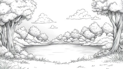 Obraz premium A hand-drawn sketch of a peaceful lake surrounded by trees and clouds.