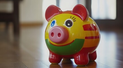 Obraz premium Colorful Piggy Bank on Wooden Floor
