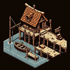 Isometric pixel art medieval docks