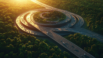 Aerial view of a highway overcrowded with cars driving on it, a winding road in the forest at sunset