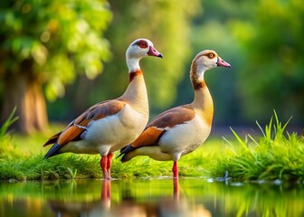 Obraz premium Adorable Couple of Egyptian Geese in a Serene Natural Setting with Copy Space