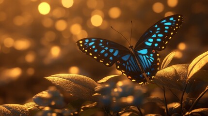 A blue butterfly with black and yellow patterns on its wings is perched on a green plant with light bokeh in the background.