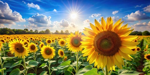 Fototapeta premium Beautiful sunflower field on a sunny day, Yellow, flowers, nature, landscape, agriculture, farming, summer, rural, vibrant