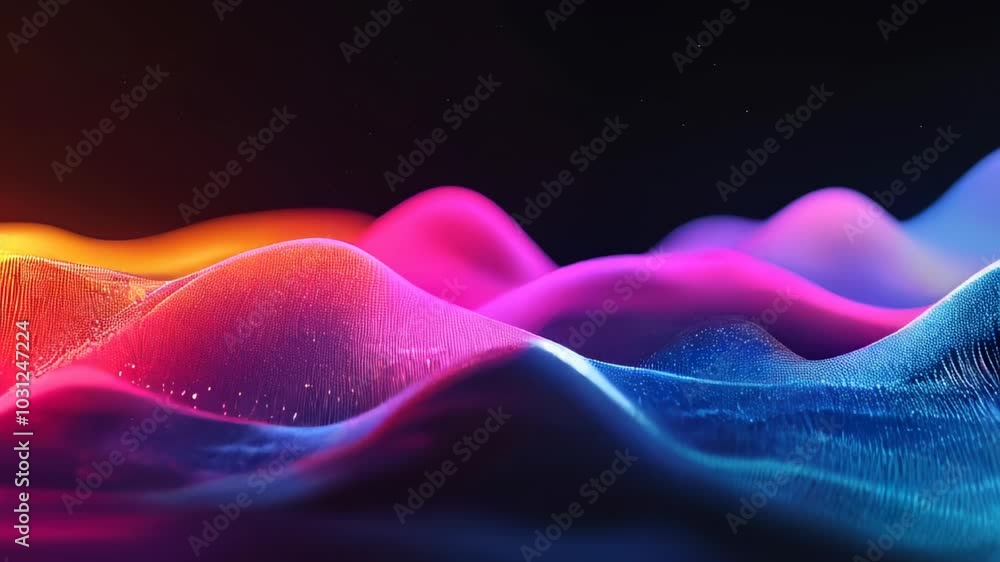 Poster neon-colored waves intertwine gracefully, creating a lively display on a dark background, evoking en