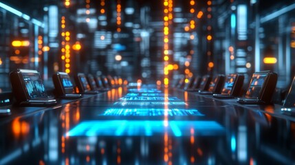 Futuristic Data Center with Glowing Screens and Digital Interfaces