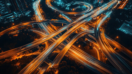 Aerial view of a highway overpass in the city with cars and traffic