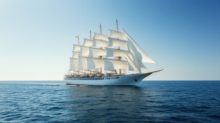 A large white sailing ship with all sails set is moving across the ocean on a clear day.